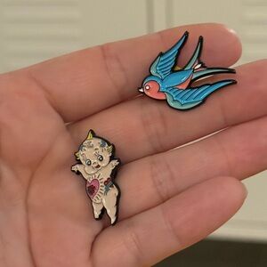 Set of 2 Modern Tattoed Kewpie and Pastel Sparrow Enamel Button Lapel Pins